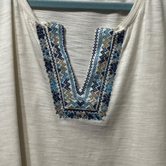 Coldwater Creek size PXL cream long sleeve embroidered trim split neck top - Picture 2 of 8